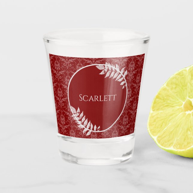 Red Elegant Damask Personalized Shot Glass (Front)
