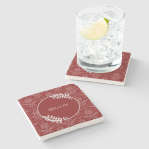 Red Elegant Damask Personalized Stone Coaster
