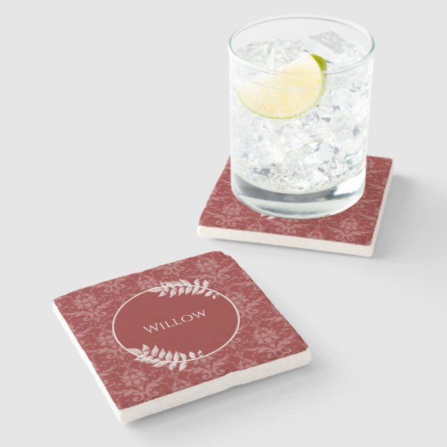 Red Elegant Damask Personalized Stone Coaster (Side)