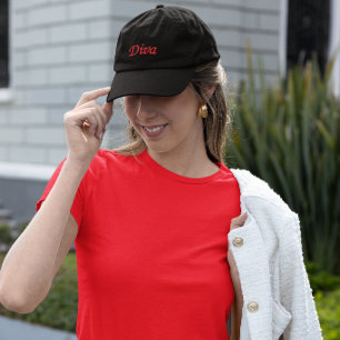 Red Elegant Diva on Black Embroidered Hat