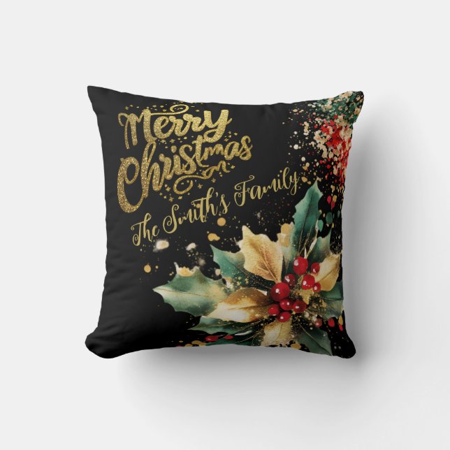 Red Elegant Family Gold Glitter Script Christmas  Throw Pillow (Front)