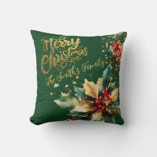 Red Elegant Family Gold Glitter Script Christmas  Throw Pillow