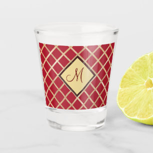 Red Elegant Gold Diamond Pattern Monogram Shot Glass