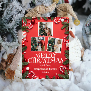 Red Elegant Merry Christmas  Family Photo Collage Holiday Postcard