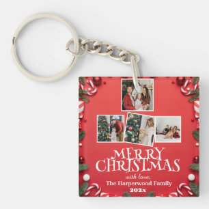 Red Elegant Merry Christmas  Family Photo Collage Keychain