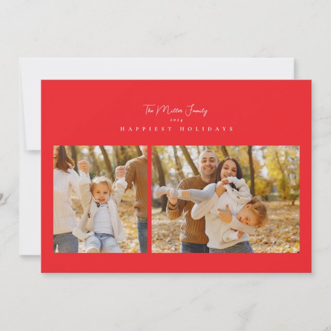 red elegant minimalist 3 photo collage happy holiday card (Front)
