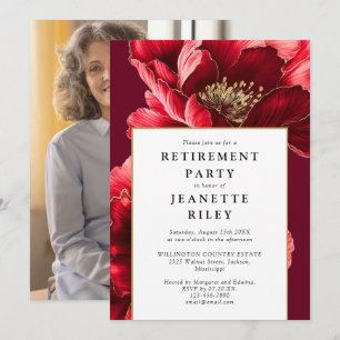 Red Elegant Modern Floral Retirement Party Photo Invitation