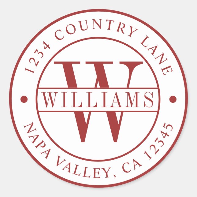 Red Elegant Monogram Return Address Classic Round Sticker (Front)