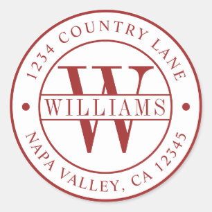 Red Elegant Monogram Return Address Classic Round Sticker