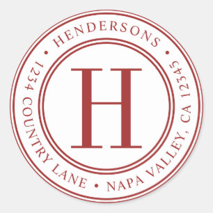 Red Elegant Monogram Return Address Classic Round Sticker