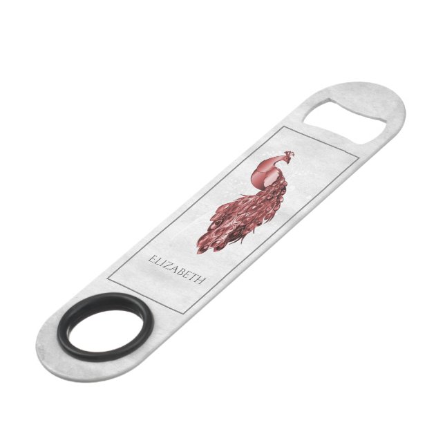 Red Elegant Peacock Personalized Bar Key (Front Angled)