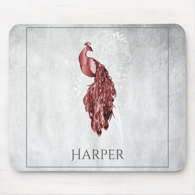 Red Elegant Peacock Personalized Mouse Pad (Front)