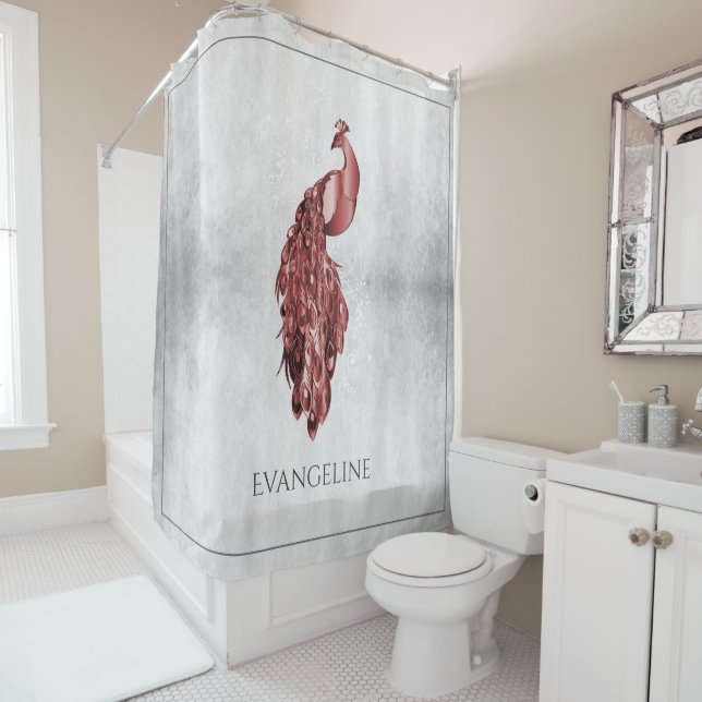 Red Elegant Peacock Shower Curtain (In Situ)