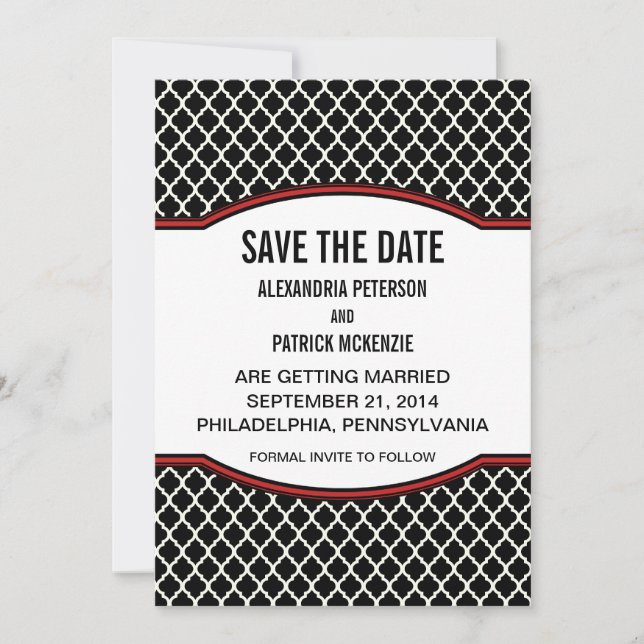 Red Elegant Quatrefoil Save the Date Invite (Front)