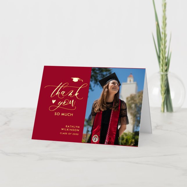 Red Elegant Script Minimalist Graduation Thank You Foil Greeting Card (Front)
