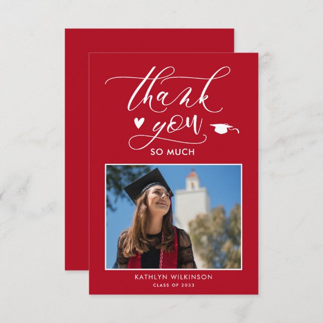 Red Elegant Script Minimalist Photo Graduation Thank You Card (Front/Back)