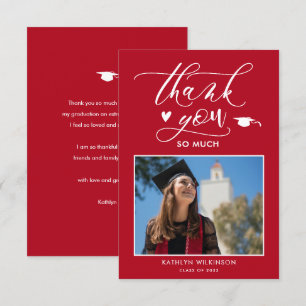 Red Elegant Script Minimalist Photo Graduation Thank You Card