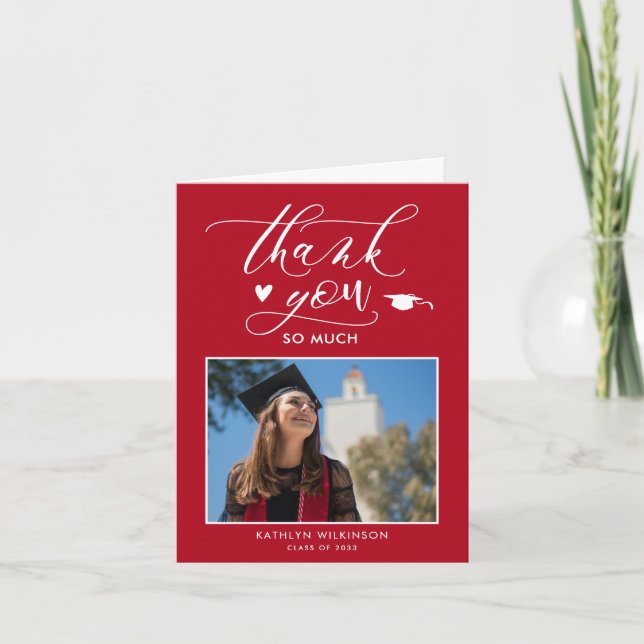Red Elegant Script Photo Minimalist Graduation Thank You Card (Front)