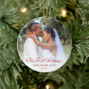 Red Elegant Script Photo Our First Christmas Ceramic Ornament