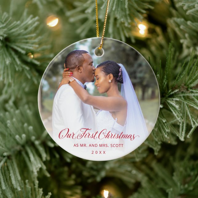 Red Elegant Script Photo Our First Christmas Ceramic Ornament (Tree)
