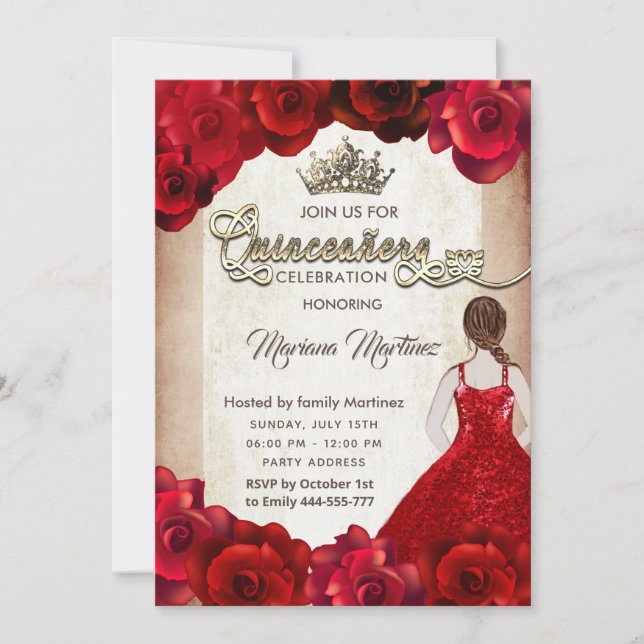  Red elegant vintage  girl roses tiara Quince Invitation (Front)