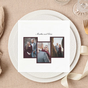 Red Elegant Wedding Script 3 Photo Collage Simple Napkin