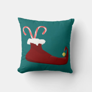Red Elf Slipper with Candy Canes Throw Pillow