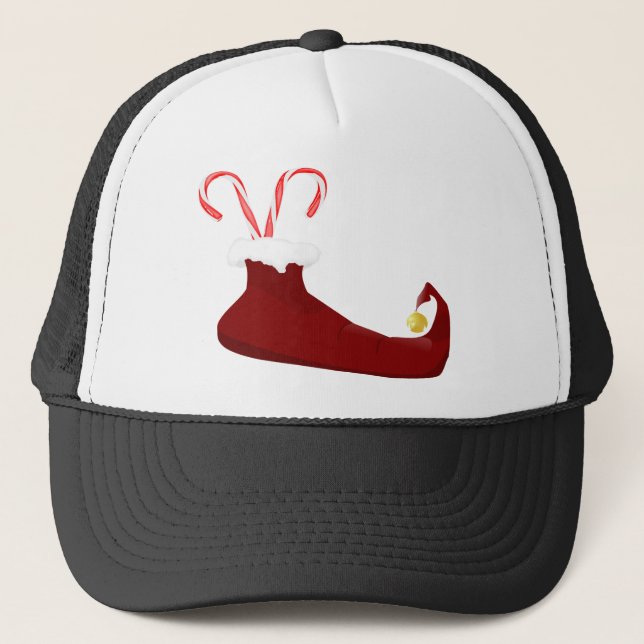 Red Elf Slipper with Candy Canes Trucker Hat (Front)