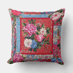 Red Embroidered-look Chinoiserie Peony Patchwork  Throw Pillow