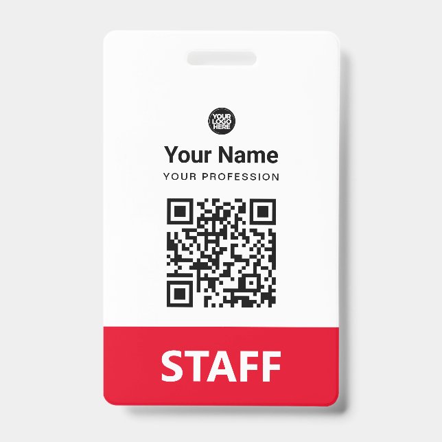 Red Employee Qr Code, Bar Code, Logo, Name Badge (Front)