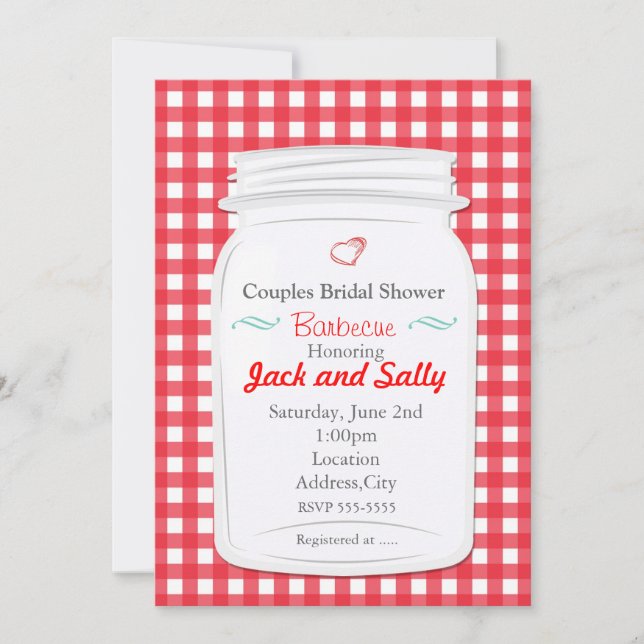 Red En vichy Country Rustic Mason Jar Invitation (Devant)