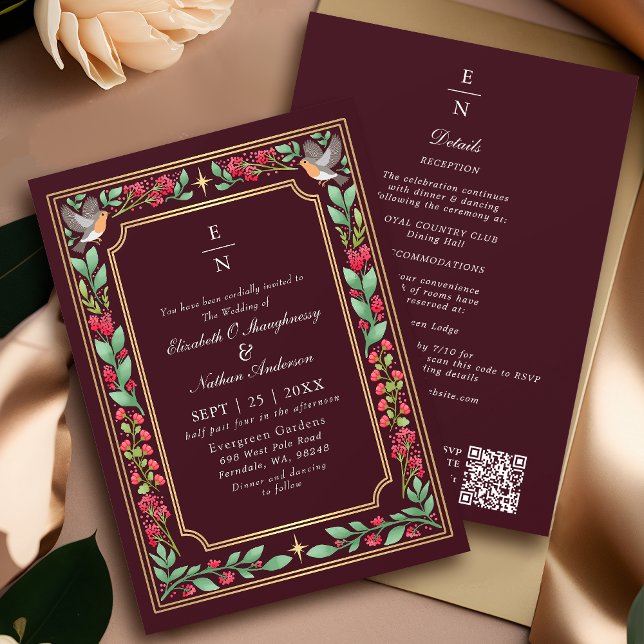 Red Enchanting Botanical Floral Wedding QR Code Invitation (Creator Uploaded)