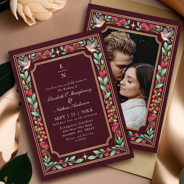 Red Enchanting Botanical Garden Wedding Photo Invitation (Creator Uploaded)