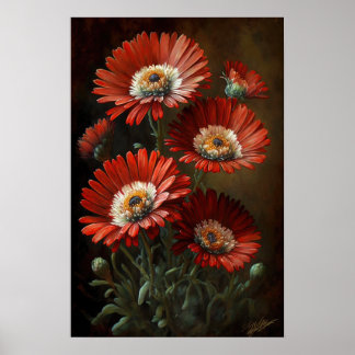 Red English Daisy Flower Art Print Poster