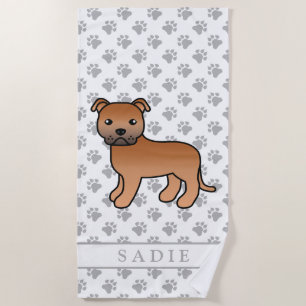 Red English Staffie Cute Cartoon Dog & Name Beach Towel