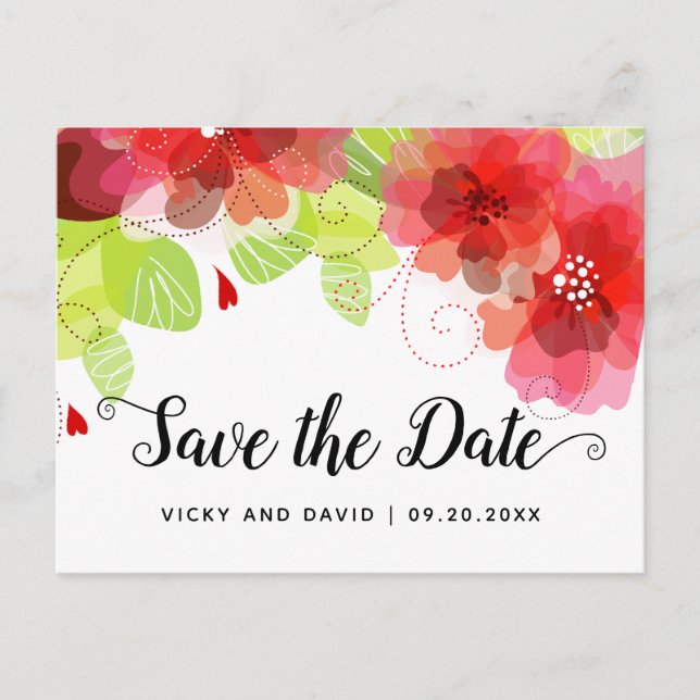 Red ethereal flowers wedding Save the Date Postcard (Front)