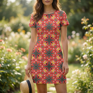 Red Ethnic Boho Oriental Arabesque Mosaic Pattern Fabric