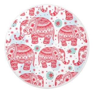 Red Ethnic Elephant Pattern Ceramic Knob