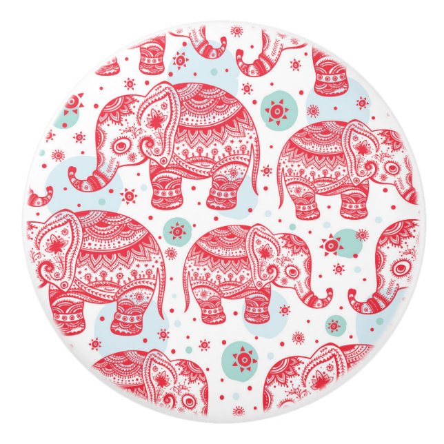 Red Ethnic Elephant Pattern Ceramic Knob (Front)