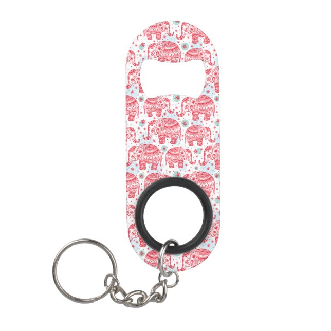 Red Ethnic Elephant Pattern Keychain Bottle Opener (Front)