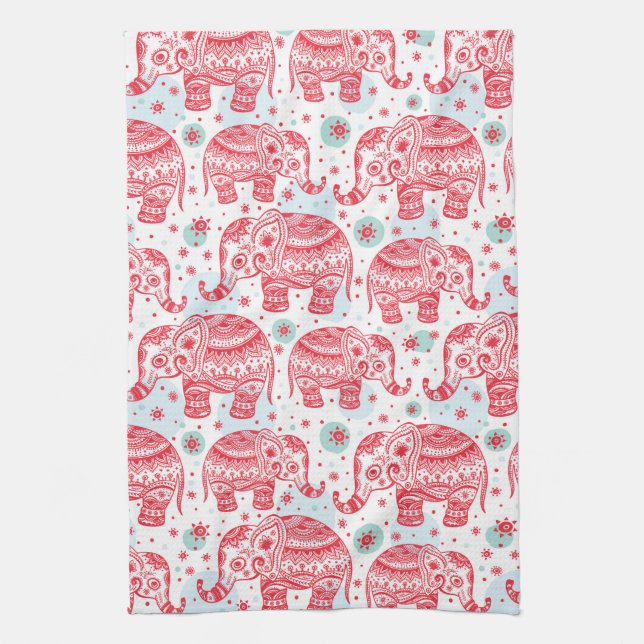 Red Ethnic Elephant Pattern Kitchen Towel (Vertical)