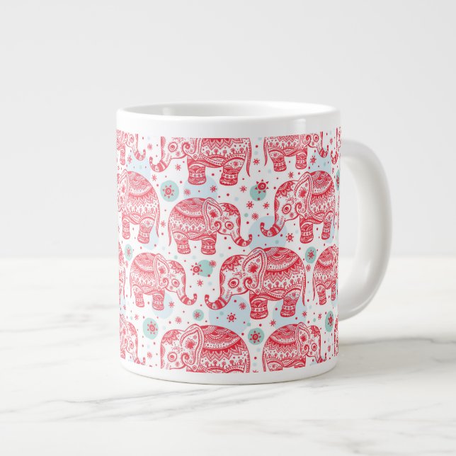 Red Ethnic Elephant Pattern Large Coffee Mug (Front Right)
