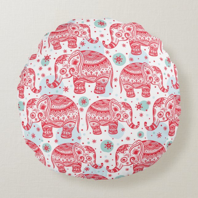 Red Ethnic Elephant Pattern Round Pillow (Front)