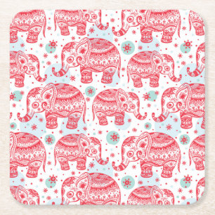 Red Ethnic Elephant Pattern Square Paper Coaster