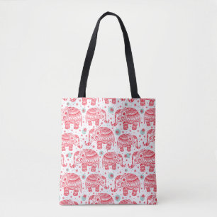 Red Ethnic Elephant Pattern Tote Bag