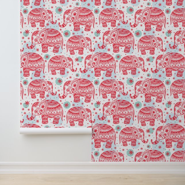 Red Ethnic Elephant Pattern Wallpaper (Application)