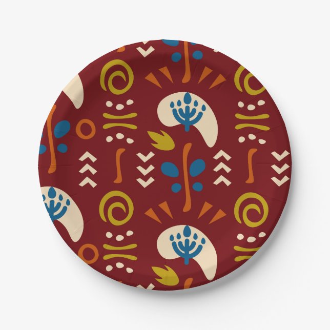 Red Ethnic Summer Boho Floral Pattern Paper Plate (Front)