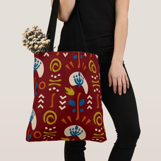Red Ethnic Summer Boho Floral Pattern Tote Bag (Close Up)