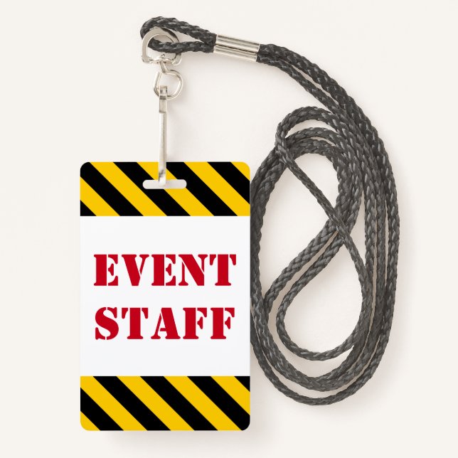 Red "EVENT STAFF" + Black & Yellow Stripes Badge (Front with Lanyard)