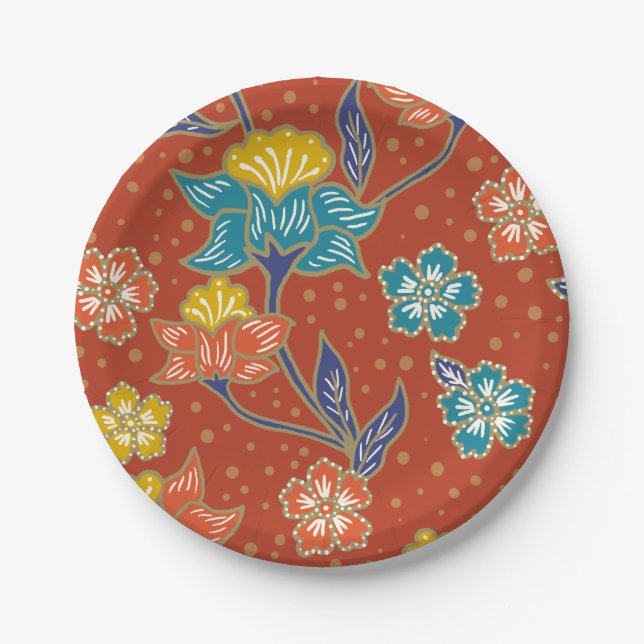 Red exotic Indonesian floral batik pattern Paper Plate (Front)